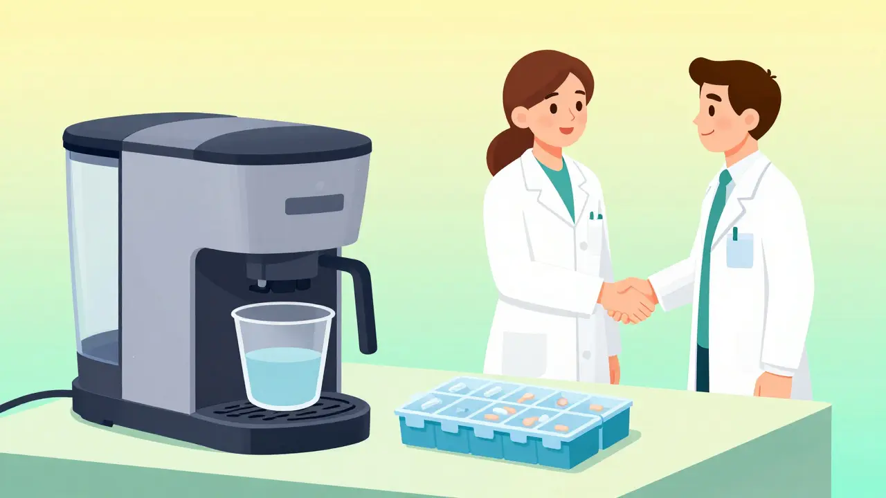 An organized pillbox at a home medication station, representing successful adherence strategies.