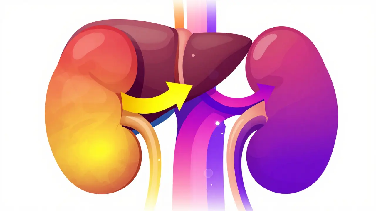 Conceptual diagram of glucose flushing and ketone production in the liver and kidneys