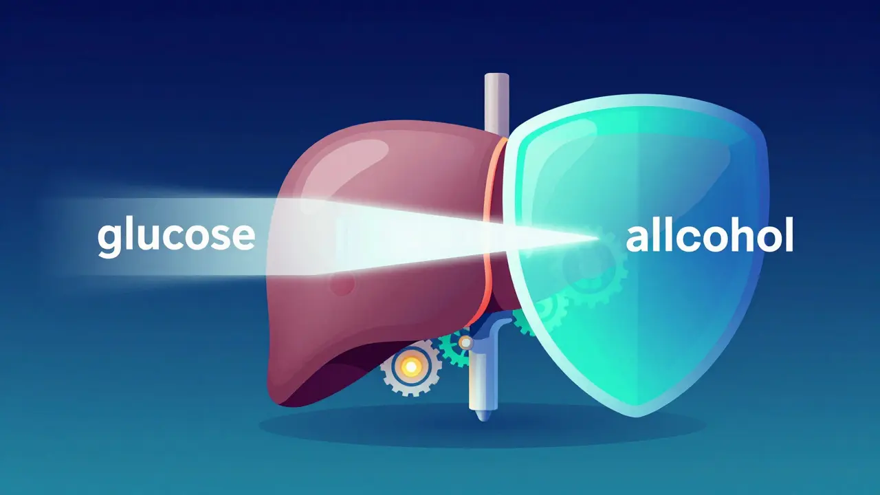 Conceptual illustration of alcohol blocking glucose production in the liver.