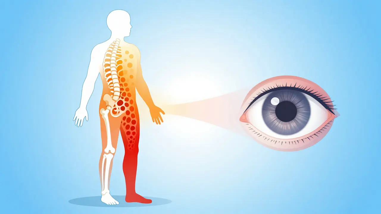 Conceptual illustration showing bone porosity and eye clouding effects in a human silhouette.