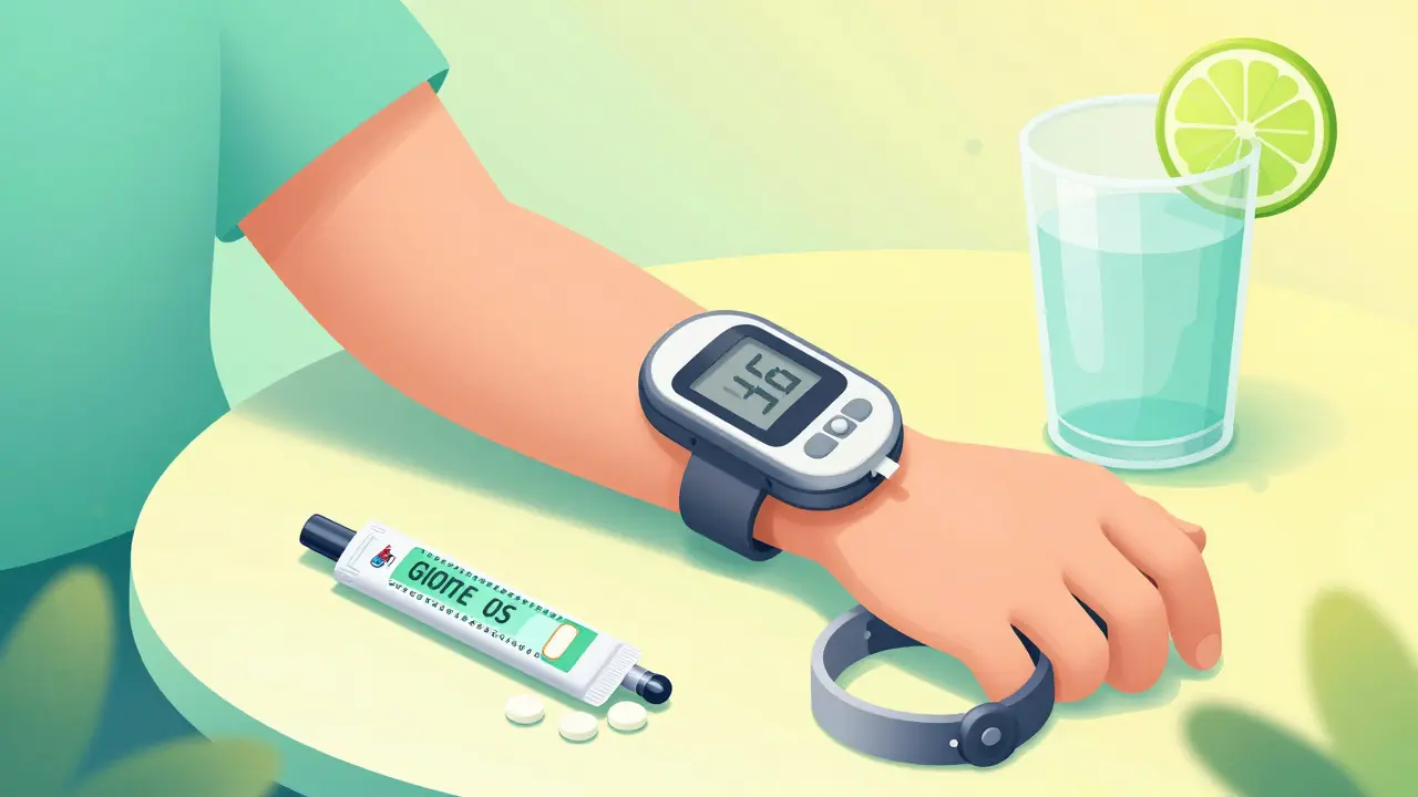Diabetes safety tools including a CGM, glucose tablets, and medical alert jewelry.