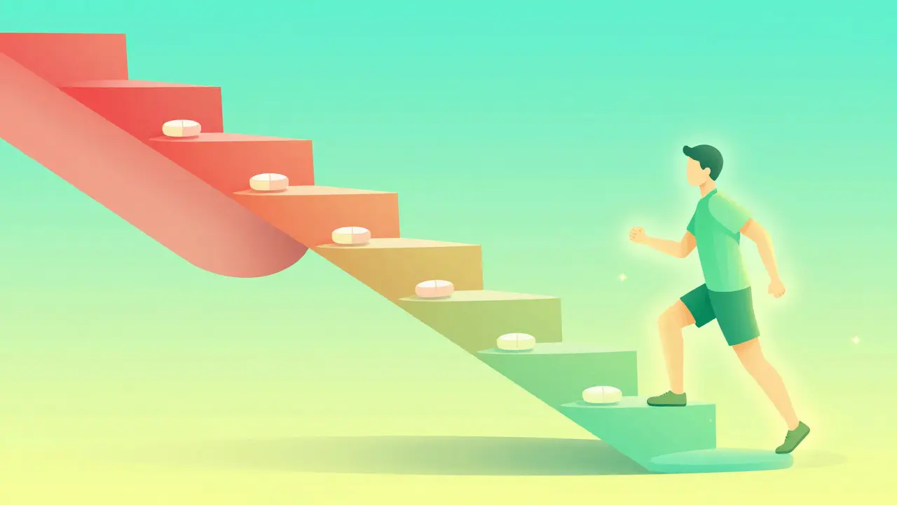 Illustration of a medication tapering staircase and a person walking for bone health.