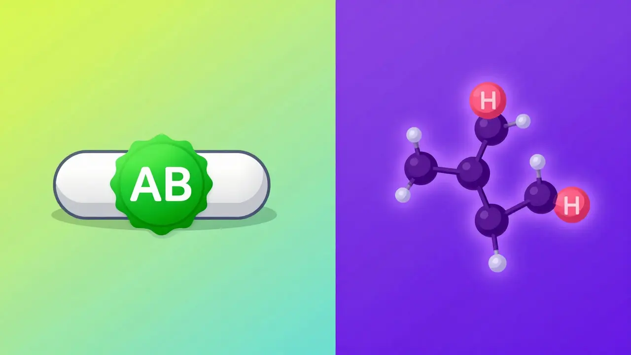 Split screen showing a small-molecule drug with an AB rating versus a complex biological molecule.